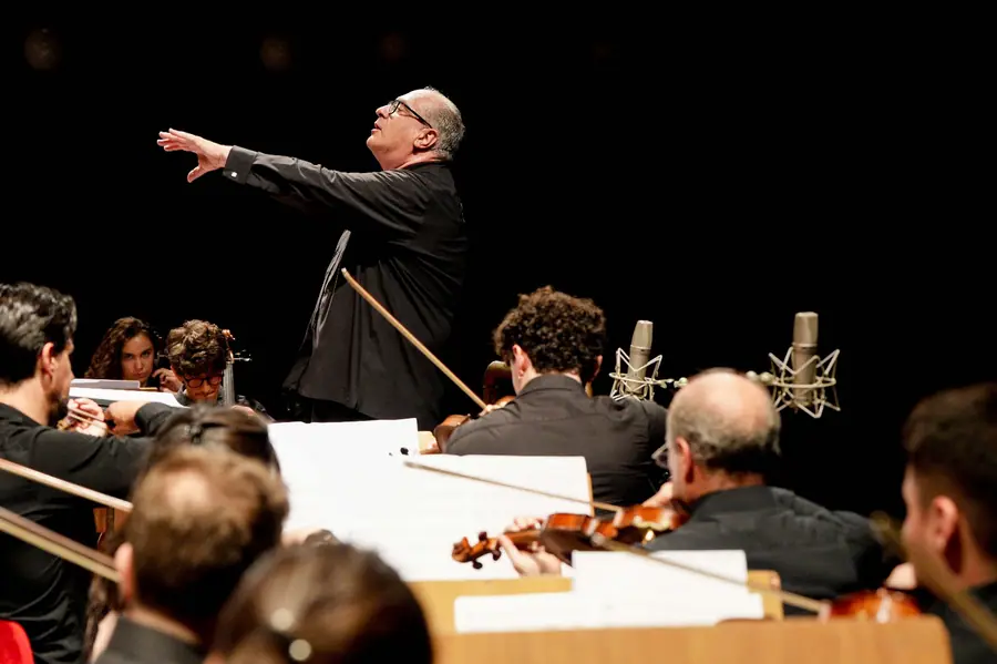 Direttore di profilo con il braccio disteso in avanti e lo sguardo alzato, orchestra sfocata in primo piano